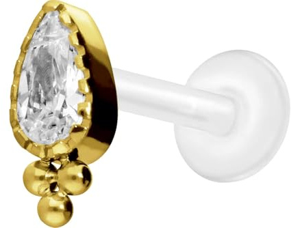 PIERCINGLINE PTFE Labret mit Gewinde + Titan-Aufsatz KRISTALLTROPFEN + KUGELN Piercing Nase Ohr Goldfarben 1,6 x 7 mm