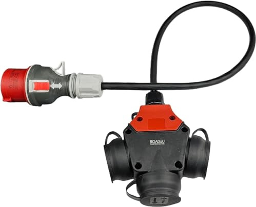 RoadEu – Cable adaptador de cable industrial de 0,5 m, enchufe de alimentación 16 A, 3 P+N+E a triple toma 2 P+E 230 V, cable de goma,