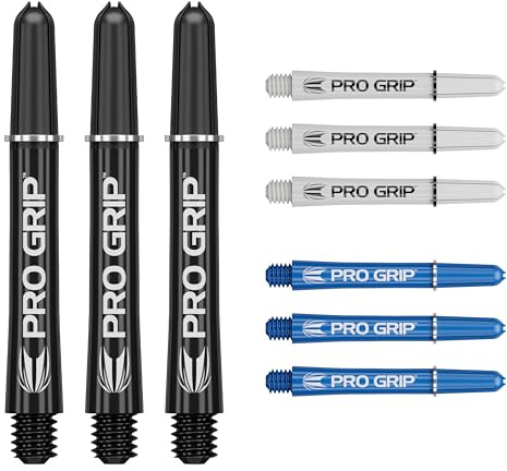 Target Darts Pro Grip Shafts - 9er Set | 3 Farben, Multicolour | 3 Größenoptionen (Kurz, Mittelstufe, Mittel) | Dartstiele, professionelles Dart-Zubehör, 2BA Shaft Multipack mit Ringen