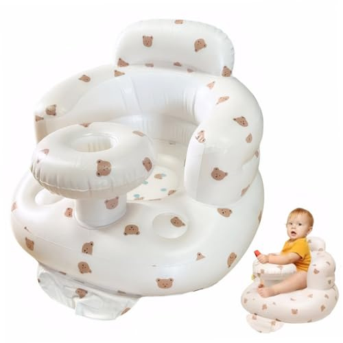 Aufblasbarer Babystuhl, aufblasbares Baby-Sitzbärenmuster eingebaute Pumpe Faltbares Baby-Sit-Up-Stuhl mit Tablett, Halskissen und Beinruhe 20x21x15in Abflüsse Babybad Sitz für 6-36 Monate