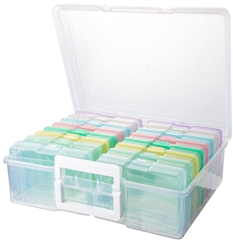 CraftGenes Pastel Photo Storage Box, 16 Soft-Tone Translucent 4x6 Inner Cases with Handle, Large Organiser for Photos, Garden Seeds, Postcards & Haberdashery, Elegant Craft Keeper