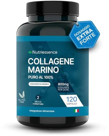 Collagene Marino con Acido ialuronico|120 Capsule |800 mg di Puro Collagene per Dose|Con Vitamina C,D,ed E,Zinco per Pelle e Articolazioni più Forti.Senza Glutine e Senza Lattosio
