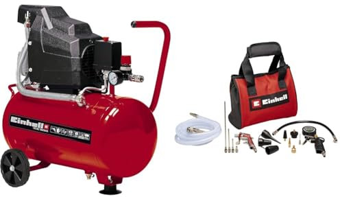 Einhell Kompressor TC-AC 190/24/8 (1500 W, max. 8 bar, 24 l-Tank, 165 l/min Ansaugleistung, Druckminderer, Manometer, Ölschmierung, inkl. 15-tlg. Druckluftset mit Tasche)