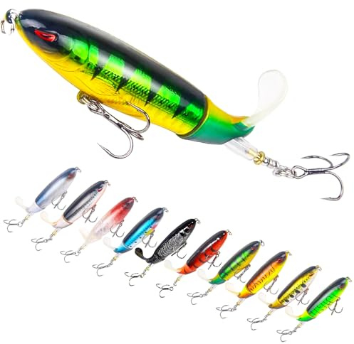 Bnque 10Pcs Fishing Lures for Bass, Whopper Lures Kit, Top Fishing Water Lures with Hooks, Popper Floating Lure for Bass Catfish Pike