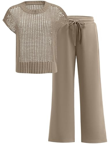 OUKODS Women Two Piece Outfits Crochet Sheer Knit Sweater Top Wide Leg Pants Lounge Matching Sets Sweatsuit Travel Clothes