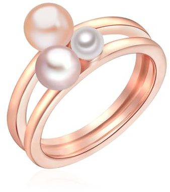 Lulu & Jane Damen Ring 925/- Sterling Silber rosegold | rosévergoldet 14 Karat, Perlenring, Süßwasser-Zuchtperle, ca. 3,0 - 6,0 mm, weiß, button