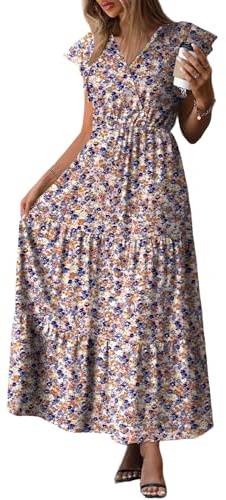 Zeagoo Vestido de verano para mujer, cuello en V, mangas con volantes, vestido maxi, informal, línea A, vestido de playa, vestido envolvente, monocolor, vestido casual, Estampado floral colorido, XL