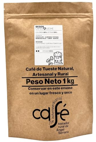 CAFÉ SIN INTERMEDIARIOS - Café de Colombia y Vietnam - Besos - Ideal para combinar con leche - Intensidad de sabor Media - Recién tostado y envasado - 1 kg en GRANO para cafeteras Superautomáticas