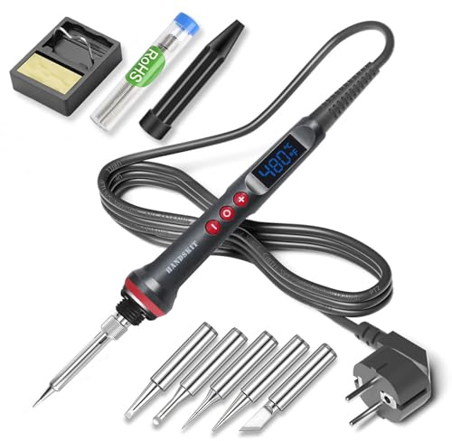 HANDSKIT 90W Lötkolben Set Elektronik – Digitales Lötset mit LED-Temperaturanzeige (180-480°C), 5 Lötspitzen, Lötdraht, Lötkolbenständer, Staubschutzkappe – Ideal für professionelle Reparaturen