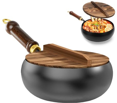 Poêle en fer forgé, 25 cm, poêle en fer forgé à la main, poêle à frire non revêtue avec couvercle en bois, grande casserole pour différents styles culinaires, pour cuisinières à gaz et à induction