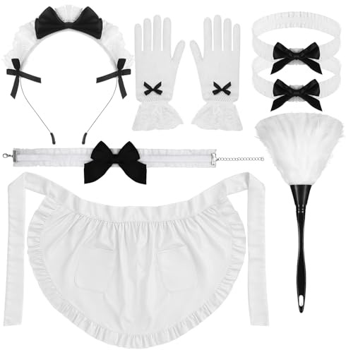 Livdouyu Kochschürze Damen Set, Schürzen für Frauen Vintage Maid Ruffle Apron Kellnerin Schürze Weiße Verstellbare Taillenschürze mit Taschen für Halloween Grill Küche Salon