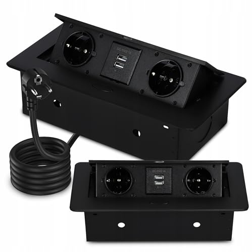 Tischplatte Steckdose mit USB A, Fach Einbausteckdose x2 mit 130cm Kabel, Tischsteckdose Steckdosenleiste Mehrfachsteckdose für Konferenztisch, Arbeitsplatte, Sofatisch (Doppelt + 2xUSB)