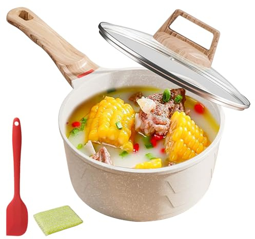 Stielkasserolle 16 cm mit Deckel [1.5L], Kasserollen klein, Antihaftbeschichtet Milchpfanne, Induktionstopf für alle Herdarten (inkl. Induktion) - PFOA/PFOS-frei (Weiß)