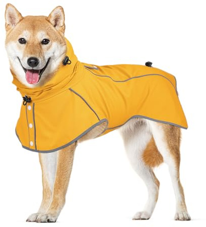 Sugiifamy Regenmantel Hund, Wasserdichter Hunderegenmantel, Einstellbare Regenjacke Hund mit Klettverschluss und Sicheren Reflektierenden Streifen für Kleine Mittelgroße Groß Hunde (Gelb, M)