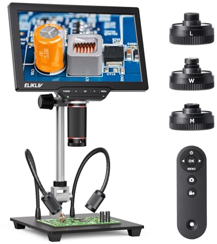 Elikliv 4K Magnetisches 3-Linsen Mikroskop: TL301 Max Münzmikroskop mit 10,1 IPS Display, Digitalmikroskop für Erwachsene, Seitenlichter, 10 Ständer, PC/TV-kompatibel, 64 GB
