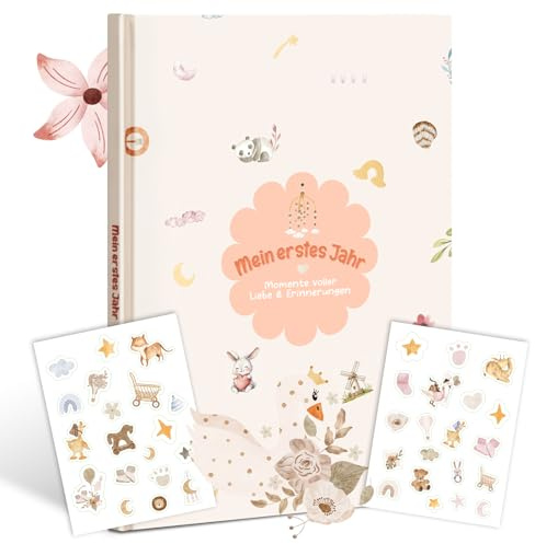 Mein erstes Jahr Baby Erinnerungsbuch - A4 Tagebuch & Erinnerungsalbum mit liebevollem Blumenmotiv, inklusive 40 Aufklebern, Geschenk zur Geburt, Taufe & Babyparty