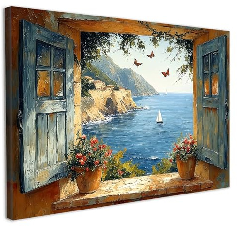 Framed Canvas Wall Art 12x16 Inch Mediterranean Coastal Window View Artwork Ocean Sailboat Wall Canvas Pictures for Living Room Bedroom Hallway Wall Decoration Prints with Hooks Magic Tape and Nails
