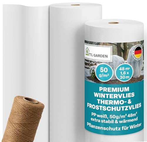 TTL GARDEN Toison non-tissée d'hiver 50 g/m² 48 m² 1,6 m x 30 m en rouleau + 50 m de ficelle – Protection contre le gel pour plantes d'extérieur – Bâche de protection des plantes pour plantes d'hiver