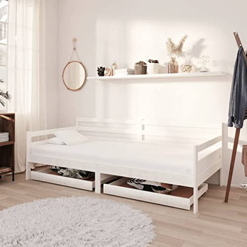 Mimdixy Familienbett Palettenbett, Tagesbett mit Schubladen 90x200 cm Weiß Massivholz Kiefer für Schlafzimmer Und Gästezimmer
