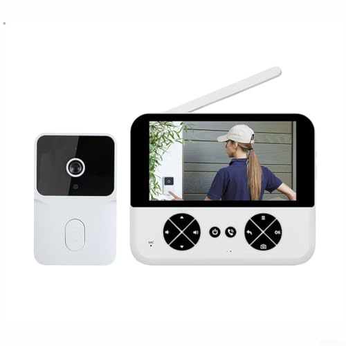 Desiumite Sonnette vidéo sans fil de 10,9 cm avec écran couleur, système de surveillance vidéo extérieur longue portée avec interphone pour la sécurité des maisons, compatible avec 150 m ouvert (blanc