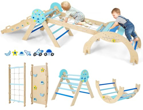 HOMASIS 4 in 1 Kletterdreieck mit Kletternetz, Kletterbogen, Wippe & Leiter, Klettergerüst mit doppelseitige Rampe & Baustein Set, Holz Sprossendreieck für Kinder ab 1 Jahr (Blau, Astronaut)