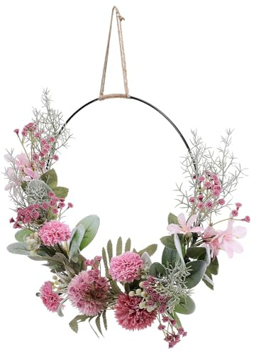 Türkranz Rosa Künstliche Blumen als Türhänger Dekoration | Trockenblumenkranz Frühling, Kunststoff und Eisen, Realistische Optik, Verblasst