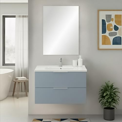 Inbagno Mobile Bagno Sospeso 80 Cm Azzurro Polvere Con 2 Cassetti Soft-Close Lavabo In Ceramica E Specchio Rettangolare – Linea Elva