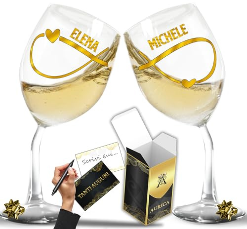 Aurica Coppia Calici Vino Personalizzati SIMBOLO INFINITO CON NOMI DA PERSONALIZZARE –2 Bicchieri Piegati Con Nomi A Scelta In Scritta Adesiva Regalo Romantico Per Coppie Con Confezione Regalo Inclusa