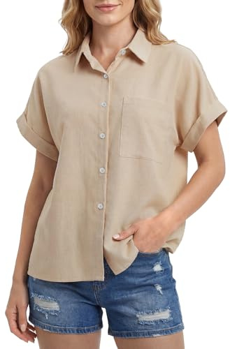 Enmain Linne Skjorta Dam Kortärmad Sommar Skjortor Linne och Bomull Knapp Blus V-hals Enfärgad Avslappnad Skjorta Dam Elegant Bekväm för Strand Arbete, Beige, L