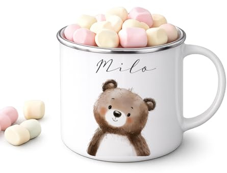 Personalisierte Kinder Emaille Tasse mit Namen – Niedliche Tiermotive Kindertasse – Geschenk zur Geburt, Taufe, Geburtstag, Einschulung (Bär)