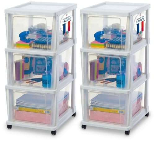 Iris Ohyama, Rollcontainer Kunststoff auf Rollen, 2er-Set, 3 Grosse Schubladen, Weiß, Leichtes Öffnen, Aufbewahrung, für Badezimmerschrank, Zimmer, Organizer, BPA-frei, KMC-303 | Schreibtischständer und Organizer auf Rollen. Eine perfekte Aufbewahrungseinheit als Arbeitsplatz