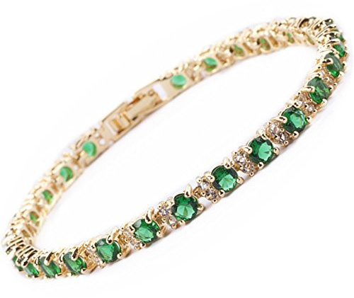 RIZILIA Emerald Green Tennis Bracelet for Women — 25-Stone 6.25 CTTW Round Cut CZ, 14K Gold Plated Eternity Link, May Birthstone Gift for Her, 7 Inch