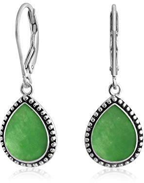 Boho Estilo Occidental Verde Teñido De Jade Semipreciosas En Forma De Lágrima De Pera De Palanca Hacia Atrás Pendientescolgantes Para La Mujer Adolescente Oxidado .925 Plata Esterlina