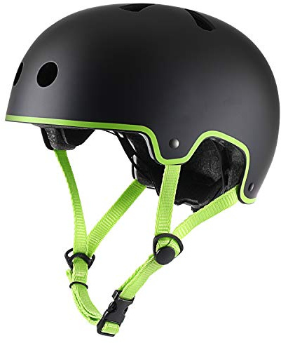 TurboSke Skateboard Helmet, BMX Helmet, Multi-Sport Helmet, Bike Helmet for Kids, Youth, Men, Women (Black&Green, S/M (20.5-22.8))