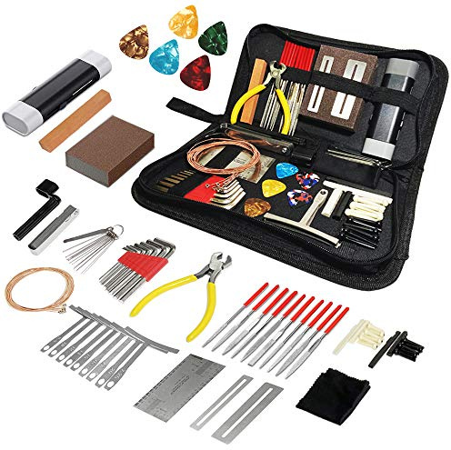 72PCS Guitar Tool Kit，Professional Guitar Repairing Maintenance Tool Kit with Guitar Strings Picks Bridge Pins Gauge Guitar Accessories Gift for Acoustic Guitar Electric Guitar Ukulele Bass Banjo