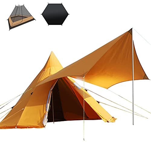 Campingzelt Familienzelt Baumwolle, 4 Person Pyramide Runde Glockenzelt Baumwolle Jurte Glockenzelt Wasserdicht mit Reißverschluss für Alle Jahreszeiten Glamping Family Outdoor,Gelb
