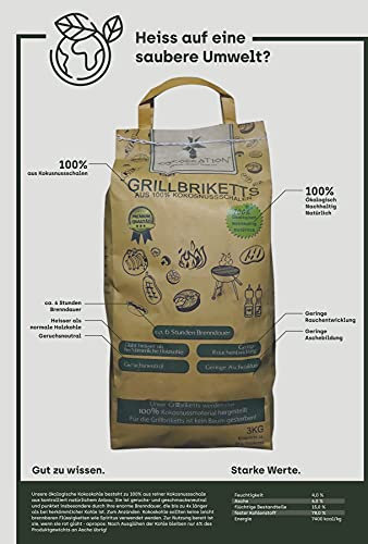 Cocobration Kokosgrill Briketts Kohle aus Kokos Grillholzkohle Natur Kohle Grillkohle BBQ Kokoskohle Holzkohlegrill ca. 6 Stunden Brenndauer 3KG