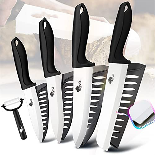 Couteau de cuisine Couteau céramique 3 4 5 + 6 pouces Cuisine Pain dentelé Ensemble de pain 3pcs / 4pcs Chef Slicer Slicer Pepeer Légumes Zirconia Blade (Color : Black 4566inch Bread)