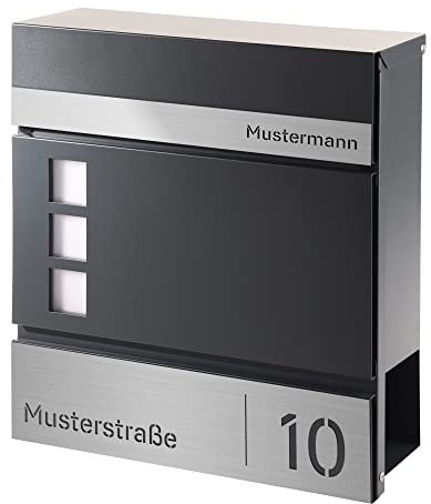 Forgard Briefkasten Anthrazit mit Zeitungsfach (RAL 7016), personalisiert, Postkasten Modern aus Zinkstahl mit Familienname, Straße & Hausnummer inkl. Montageset, HELSINGBORG