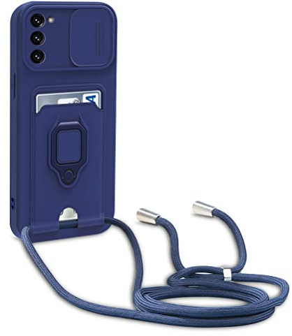 yanasuo Schiebe Kameraschutz Silikon Handykette Hülle kompatibel mit Samsung Galaxy S21 FE 5G, Metall Ring Halter Handy Cover,Verstellbarer Halskette Handyhülle-Blau