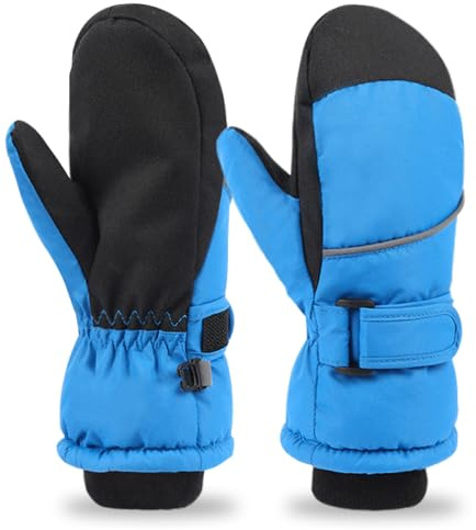 Azarxis Kinder Skihandschuhe, Winddichte Wasserdicht Handschuhe, Warme Fausthandschuhe für Kinder 3-12 Jahre (A - Blau, S (7-9 Jahre))