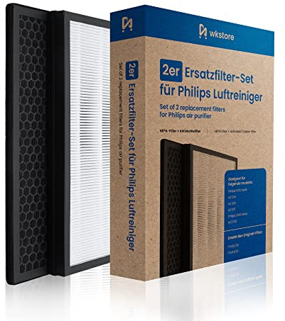 wkstore 2er Ersatzfilter-Set für Philips Luftreiniger AC1214 AC1215 AC1217 AC2729 | HEPA + Aktivkohlefilter | Ersetzt den Original-Filter FY1410/30 FY1413/30 | Ideal für Allergiker