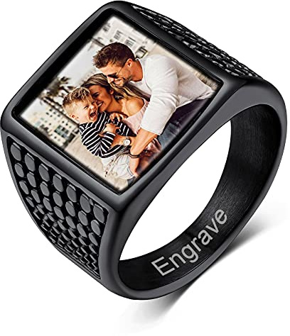 Custom4U Personalisierter Siegelring Herren mit Fotogravur Edelstahl Biker Siegelring mit Farbbild/Schwarzes Bild Gravur für Ehering Trauring Verlobungsring Freundschaftsring Fotogeschenke
