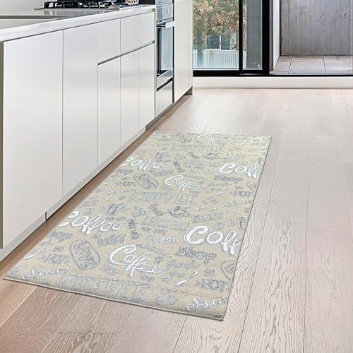Teppich-Traum Küchenläufer Küchenteppich Coffee Beige Weiß 80x200 cm | Pflegeleicht, strapazierfähig, rutschfest und allergikerfreundlich, schützt Böden in Küche und Essbereich