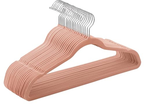 SONGMICS Percha de Terciopelo, Juego de 20, Antideslizantes, con Barra Corbata y Gancho Negro, 0,6 cm Espesor, Ahorra Espacio, 41,5 cm Largo, Abrigo Pantalón, Rosa Claro y Plata CRF026R20