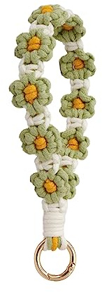 AOKSUNOVA Schlüsselanhänger Makramee Schlüsselband Geflochten Blume Grün | Makramee Schlüsselanhänger als Geflochtenes Schlüsselband mit Blume, Stilvoller Anhänger für Damen und Frauen als Geschenk