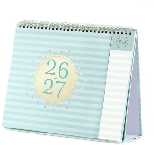 Calendrier de bureau 2026-2027 – Calendrier de bureau 2026-2027 de juillet 2026 à décembre 2027, page mémo hebdomadaire, 25,3 x 20,5 x 7,8 cm, rayures bleues