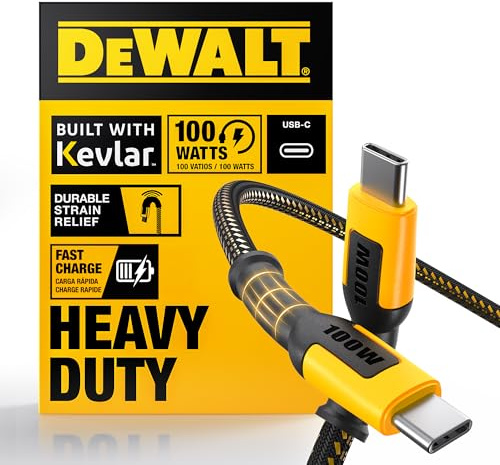 DEWALT Heavy Duty 100W USB C Cable, Jobsite 100 Watt USB C Cable, High Speed Type-C to Type-C, Fast Charge PD USBC Fast Charging Cord for iPhone 17/16/15 Plus Pro Max MacBook iPad Samsung Galaxy, 1.2m