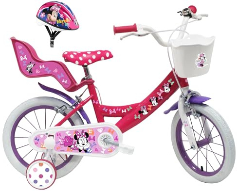 Minnie/Disney flickcykel, 14 tums barncykel, utrustad med 2 bromsar, bakre dockhållare, främre korg och hjälm ingår!