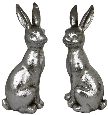 Goldbach 2er Set Hase 18cm groß Silber Polyresin Ostern Figur sitzend Osterhase hockend modern Dekofigur Osterdeko